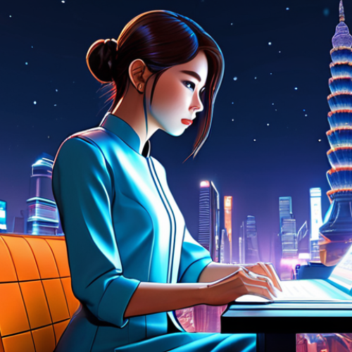A professional female webtoon artist, fully clothed in modest, modern attire, is seated at a sleek digital drawing tablet. Her hand is gracefully hovering over the screen, where a vibrant webtoon character and a detailed, imaginative background (such as a futuristic city with traditional Thai architectural elements) are partially rendered, subtly indicating AI assistance. The scene is set in a clean, futuristic studio workspace with holographic projections displaying various character design iterations and scene concepts. The lighting is bright and artistic studio lighting. This is a high-quality digital illustration with cinematic lighting, safe for work, appropriate content, fully clothed, professional, perfect anatomy, correct proportions, natural pose, well-formed hands, proper finger count, natural body proportions.