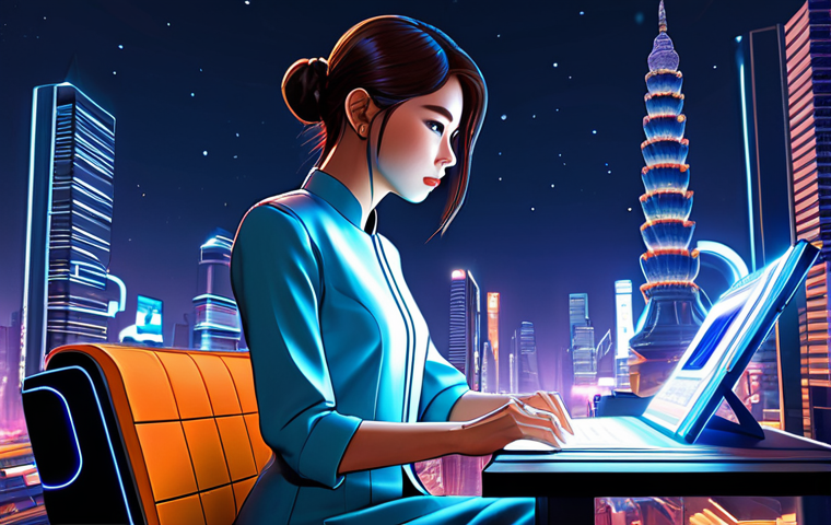 A professional female webtoon artist, fully clothed in modest, modern attire, is seated at a sleek digital drawing tablet. Her hand is gracefully hovering over the screen, where a vibrant webtoon character and a detailed, imaginative background (such as a futuristic city with traditional Thai architectural elements) are partially rendered, subtly indicating AI assistance. The scene is set in a clean, futuristic studio workspace with holographic projections displaying various character design iterations and scene concepts. The lighting is bright and artistic studio lighting. This is a high-quality digital illustration with cinematic lighting, safe for work, appropriate content, fully clothed, professional, perfect anatomy, correct proportions, natural pose, well-formed hands, proper finger count, natural body proportions.