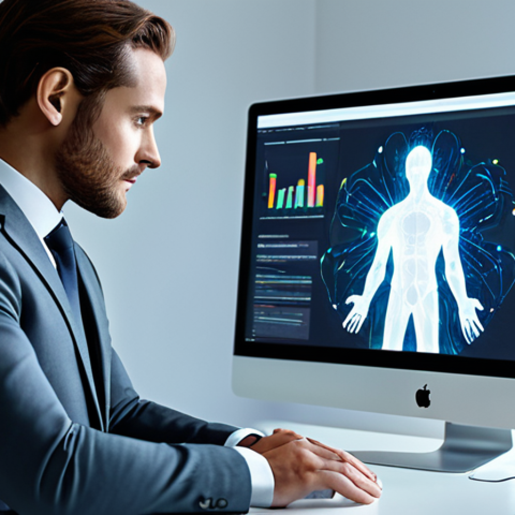 A focused professional, fully clothed in a modest business suit, seated at a modern, clean desk in a brightly lit, minimalist office. They are interacting with a glowing, abstract holographic user interface representing Generative AI, displayed above their workstation. The scene emphasizes seamless human-AI collaboration for creative tasks. Professional dress, appropriate attire, safe for work, perfect anatomy, correct proportions, well-formed hands, natural body proportions, natural pose, high-quality professional photography, detailed, professional.
