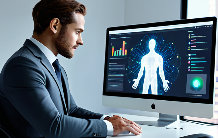A focused professional, fully clothed in a modest business suit, seated at a modern, clean desk in a brightly lit, minimalist office. They are interacting with a glowing, abstract holographic user interface representing Generative AI, displayed above their workstation. The scene emphasizes seamless human-AI collaboration for creative tasks. Professional dress, appropriate attire, safe for work, perfect anatomy, correct proportions, well-formed hands, natural body proportions, natural pose, high-quality professional photography, detailed, professional.