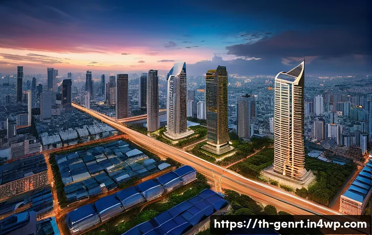 생성형 AI의 창의적 활용과 사례 연구 - **A futuristic cityscape of Bangkok, Thailand, bathed in the soft glow of a twilight sky.** Towering...