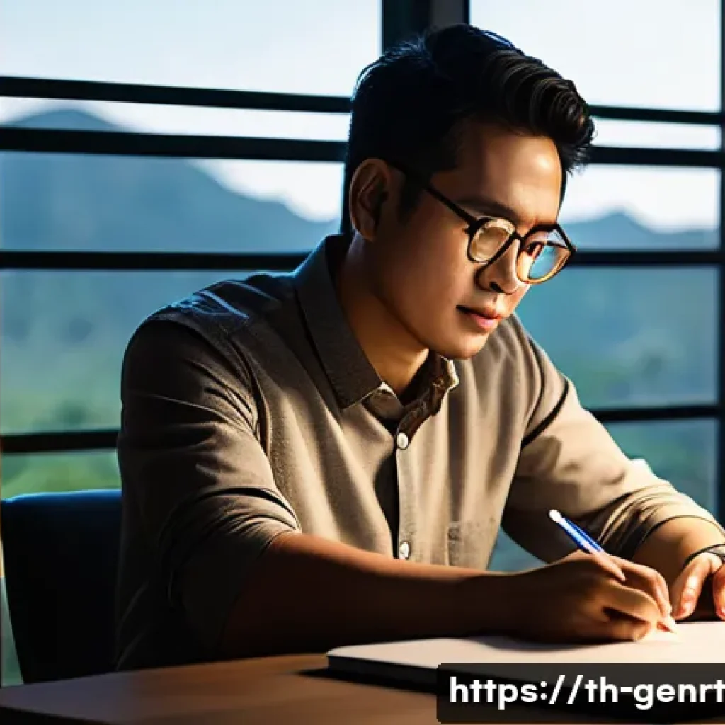 AI와 협업하여 글쓰기 능력 향상시키기 - A modern Thai writer sitting at a wooden desk in a cozy home office, surrounded by books and a lapto...