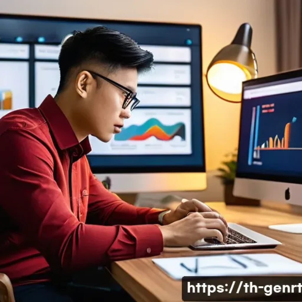 생성형 AI로 새로운 콘텐츠 형식 실험하기 - A modern digital marketing workspace showing a Thai content creator analyzing consumer behavior tren...