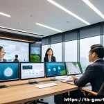 AI 기반의 창의적 협업 플랫폼 소개 - A modern office scene showing a diverse team of professionals collaborating seamlessly with AI-power...