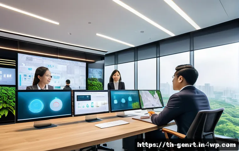 AI 기반의 창의적 협업 플랫폼 소개 - A modern office scene showing a diverse team of professionals collaborating seamlessly with AI-power...