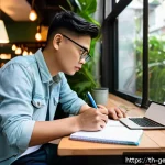 AI를 통한 창의적 발상법과 팁 - A creative workspace scene set in a cozy Bangkok caf&eacute; during daytime, featuring a young Thai adult t...