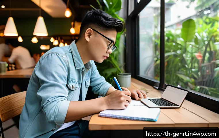 AI를 통한 창의적 발상법과 팁 - A creative workspace scene set in a cozy Bangkok caf&eacute; during daytime, featuring a young Thai adult t...
