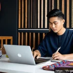 AI와 함께하는 창의력 개발 프로그램 - A modern Thai creative workspace featuring a young Thai artist using AI graphic design software on a...