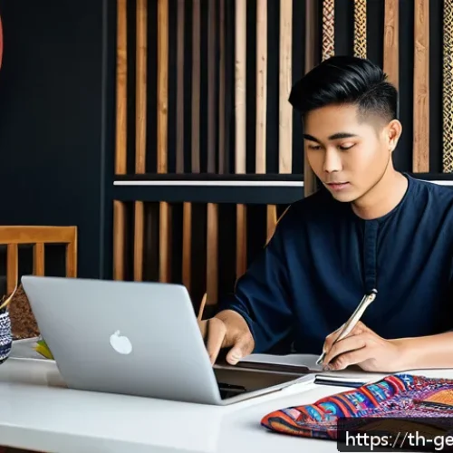 AI와 함께하는 창의력 개발 프로그램 - A modern Thai creative workspace featuring a young Thai artist using AI graphic design software on a...