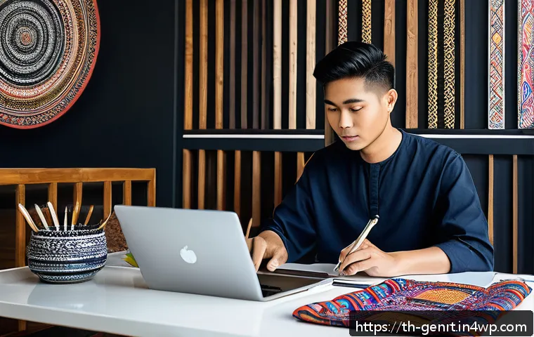AI와 함께하는 창의력 개발 프로그램 - A modern Thai creative workspace featuring a young Thai artist using AI graphic design software on a...