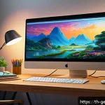 AI 기술로 창작물의 품질 향상하기 - A modern digital artist&rsquo;s workspace featuring a sleek computer screen displaying an AI-generated fan...