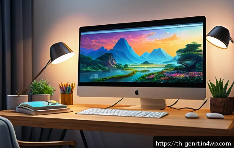 AI 기술로 창작물의 품질 향상하기 - A modern digital artist&rsquo;s workspace featuring a sleek computer screen displaying an AI-generated fan...