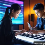 AI와 협력하여 새로운 음악 장르 개발하기 - A modern music studio scene featuring a young Thai music artist collaborating with an AI holographic...