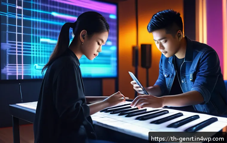 AI와 협력하여 새로운 음악 장르 개발하기 - A modern music studio scene featuring a young Thai music artist collaborating with an AI holographic...