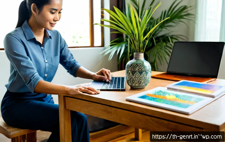 Home 17 AI와 창의성의 융합 성공적인 사례 - Photorealistic creative studio in Bangkok, Thai designer and AI engineer collaborating at a clean wo...